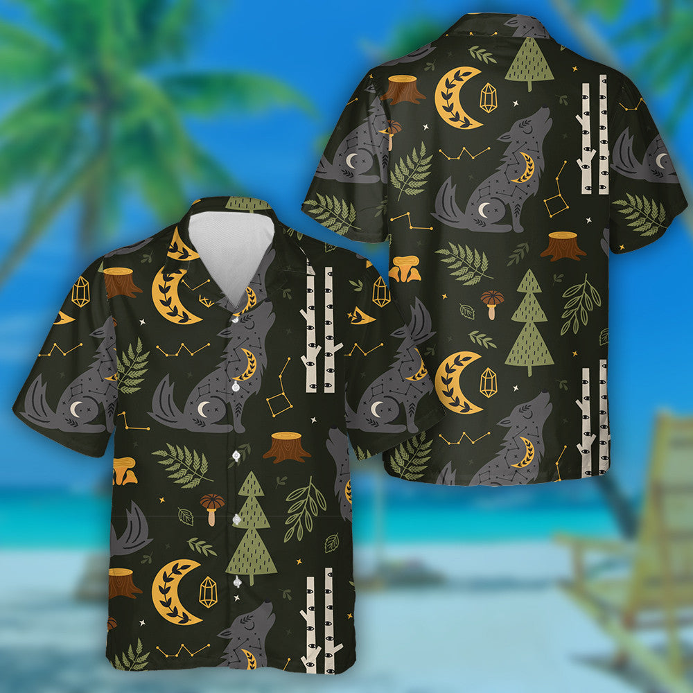 Magic Forest With Celestial Wolf In Vintage Style Hawaiian Shirt, Hawaiian Shirt Gift, Christmas Gift
