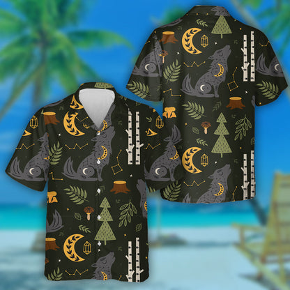 Magic Forest With Celestial Wolf In Vintage Style Hawaiian Shirt, Hawaiian Shirt Gift, Christmas Gift