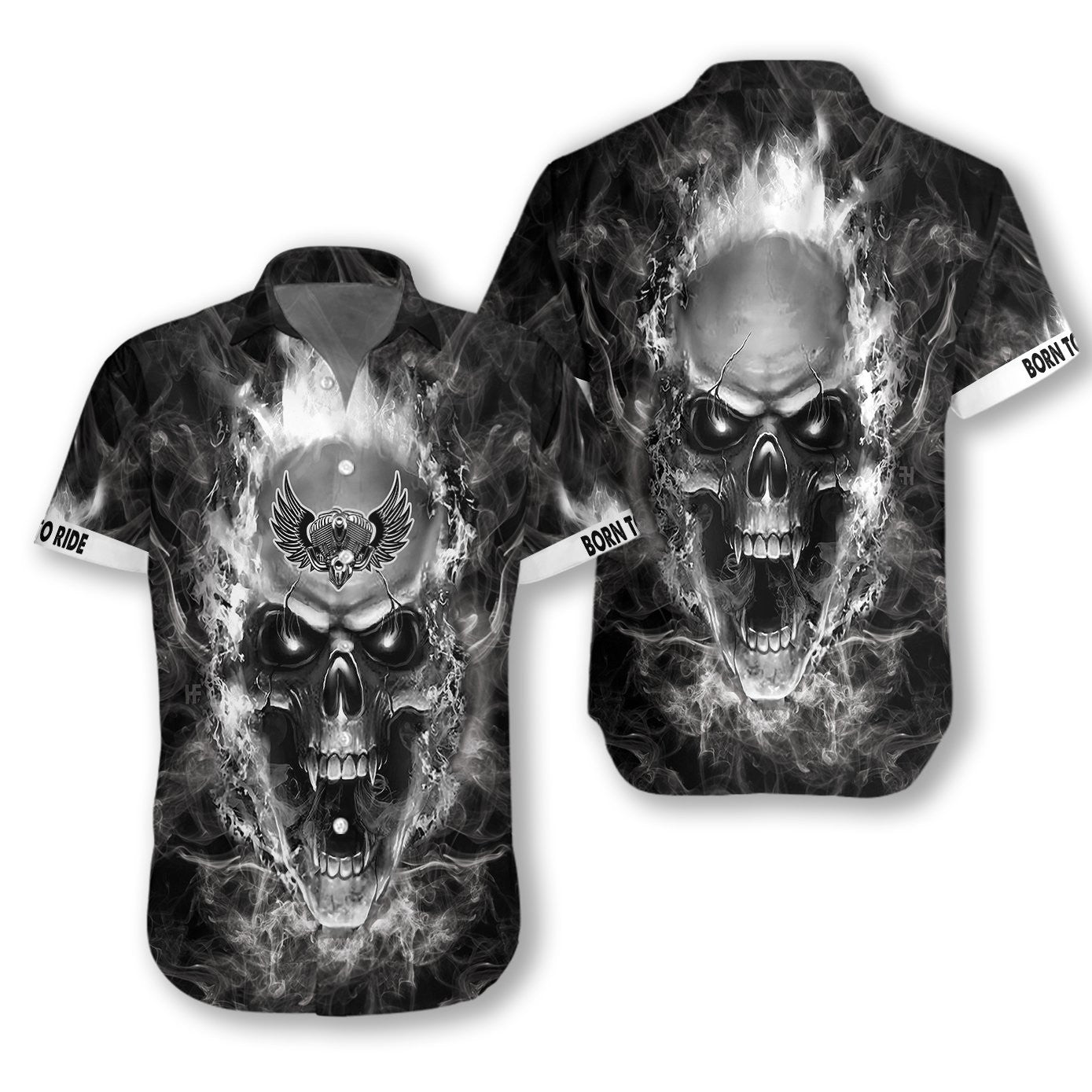 Motorcycle Road King Scary Skull Pattern Black Background Hawaiian Shirt, Hawaiian Shirt Gift, Christmas Gift