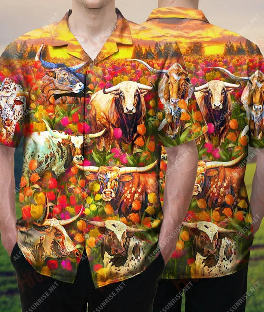 Texas Longhorn In Tulip Field Unisex Hawaiian Shirt Summer Short Sleeve Best Hawaiian Shirts Funny Hawaiian Shirts, Hawaiian Shirt Gift, Christmas Gift