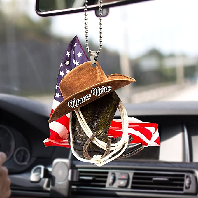 Personalized U.S Cowboy Hats And Boots Two-Sides Shaped Acrylic Ornament For Car, Car Hanging Ornaments, Christmas Decoration