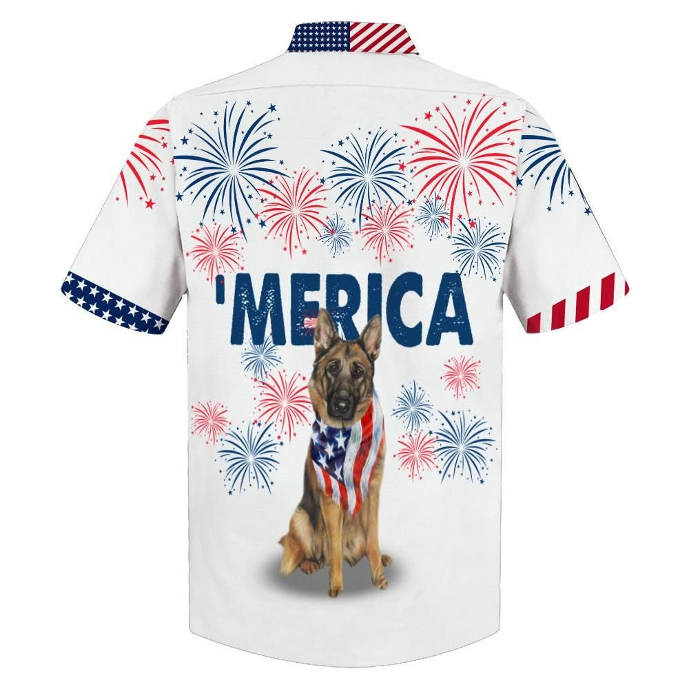 German Shepherd American Flag Red And White Firework Hawaiian Shirt, Hawaiian Shirt Gift, Christmas Gift
