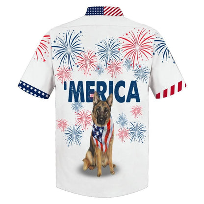 German Shepherd American Flag Red And White Firework Hawaiian Shirt, Hawaiian Shirt Gift, Christmas Gift