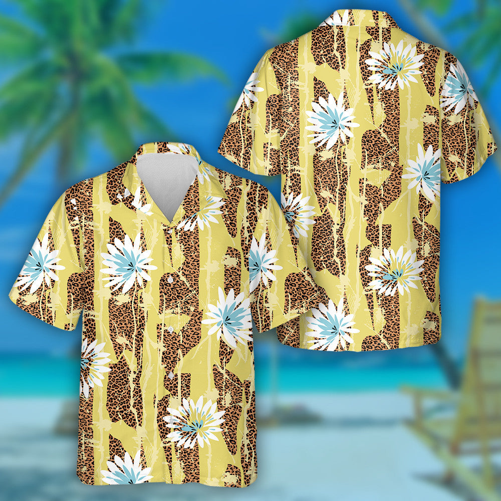 Wild African Leopard And Flower Texture Yellow Background Hawaiian Shirt, Hawaiian Shirt Gift, Christmas Gift