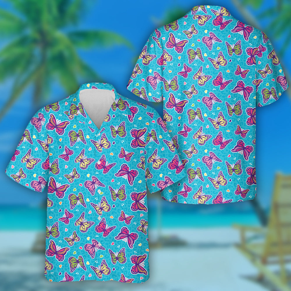 Theme Small Heart And Butterfly On Blue Leopard Hawaiian Shirt, Hawaiian Shirt Gift, Christmas Gift