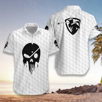 The Golf Skull Black Pattern White Version Hawaiian Shirt, Hawaiian Shirt Gift, Christmas Gift
