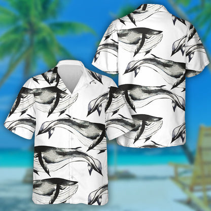 Black White Pattern Of Amazing Whale Watercolor Design Hawaiian Shirt, Hawaiian Shirt Gift, Christmas Gift