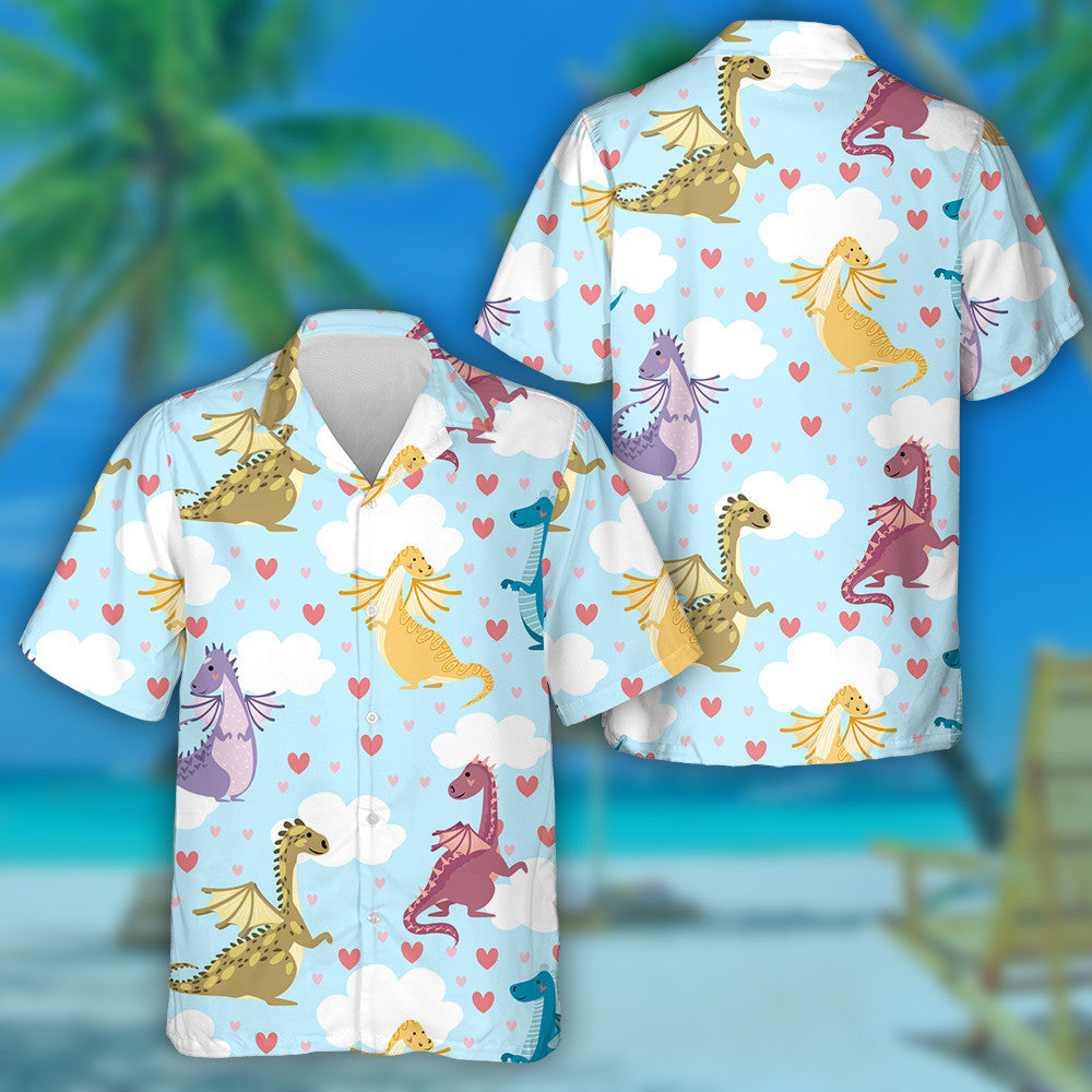 Bright Multicolored Dragons In Hearts And Clouds Hawaiian Shirt, Hawaiian Shirt Gift, Christmas Gift