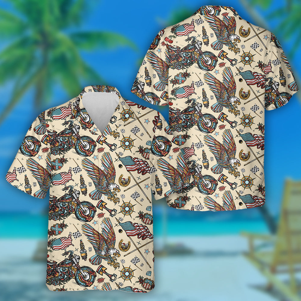 Cool Bearded Biker Man Motocycle Patriotic Eagle Art Hawaiian Shirt, Hawaiian Shirt Gift, Christmas Gift