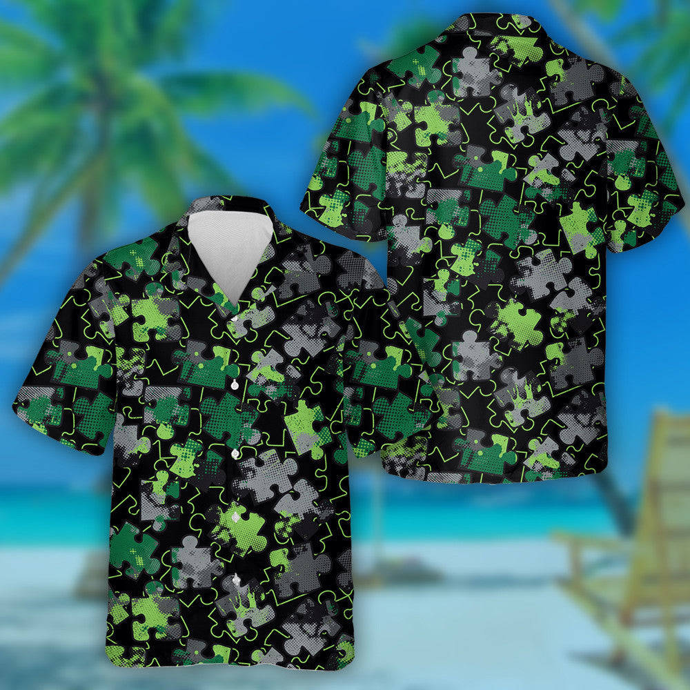 Pop Art Green And Black Puzzle Camo Pattern Hawaiian Shirt, Hawaiian Shirt Gift, Christmas Gift