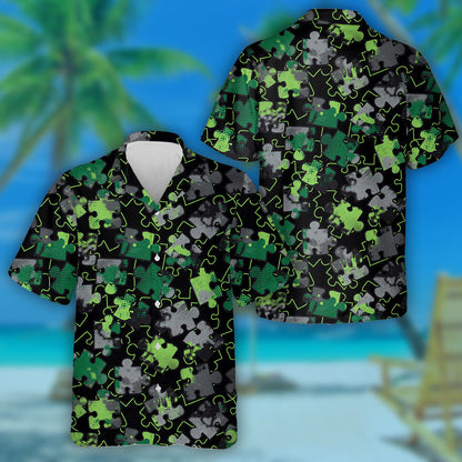 Pop Art Green And Black Puzzle Camo Pattern Hawaiian Shirt, Hawaiian Shirt Gift, Christmas Gift