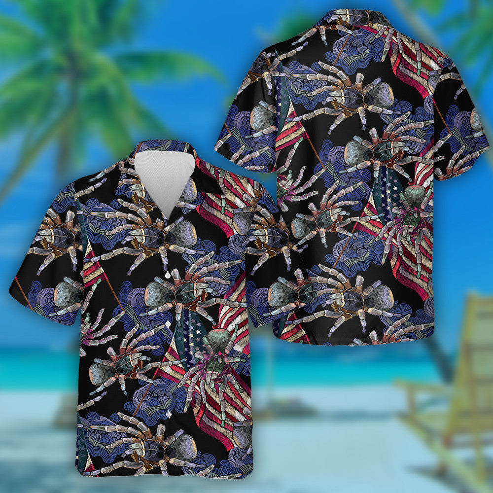 Embroidery Spider Rippled American Flag Night Sky Hawaiian Shirt, Hawaiian Shirt Gift, Christmas Gift