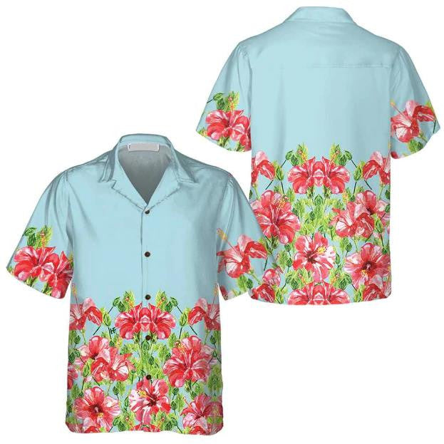 Watercolor Hibiscus Flower Light Blue Theme Design Hawaiian Shirt, Hawaiian Shirt Gift, Christmas Gift