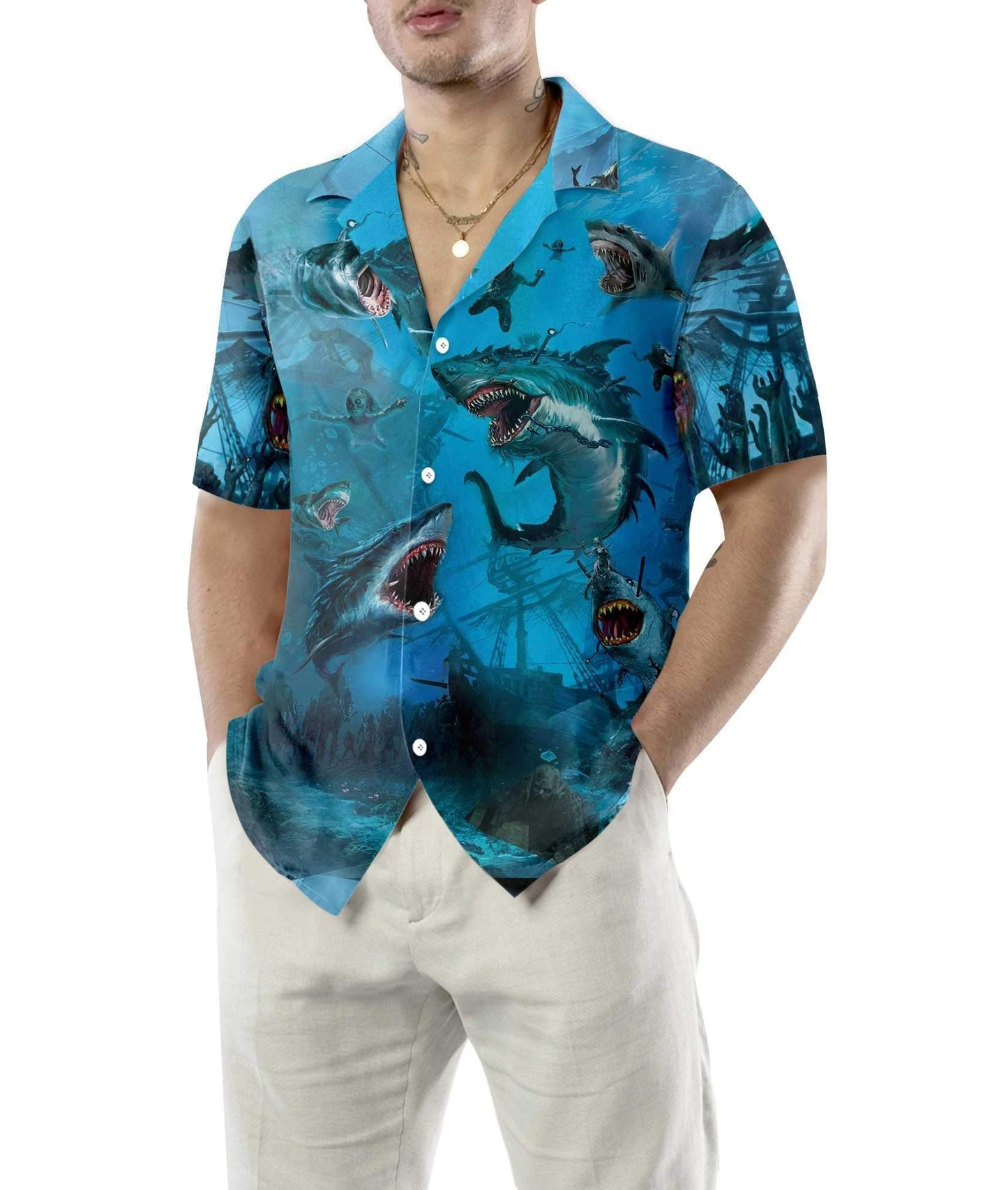 Angry Shark Under The Sea Hawaiian Shirt, Hawaiian Shirt Gift, Christmas Gift