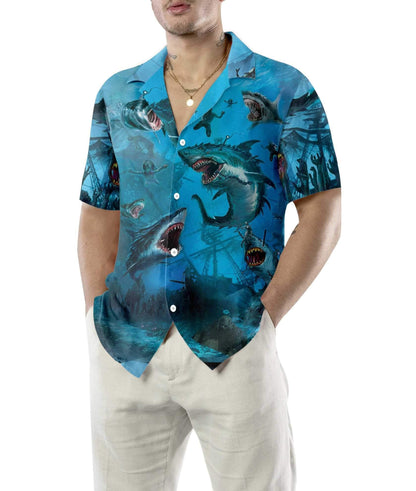 Angry Shark Under The Sea Hawaiian Shirt, Hawaiian Shirt Gift, Christmas Gift