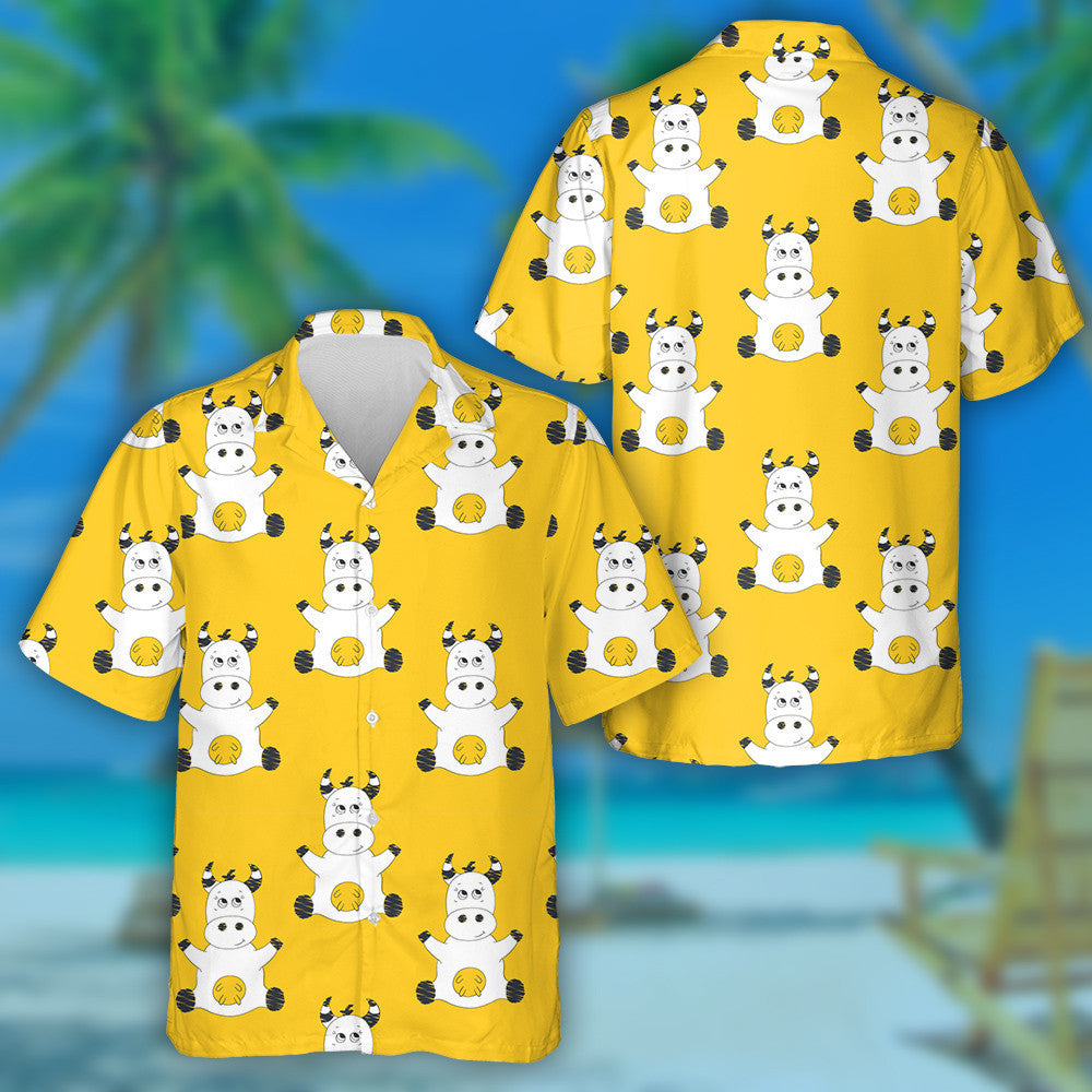 Hand Drawn Cute Cow On Yellow Hawaiian Shirt, Hawaiian For Gift