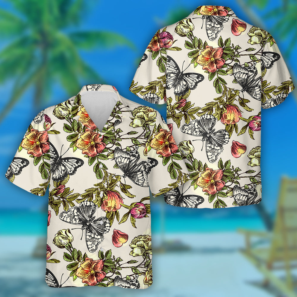 Hand Drawn Of Butterflies And Flowers Boho Style Hawaiian Shirt, Hawaiian Shirt Gift, Christmas Gift