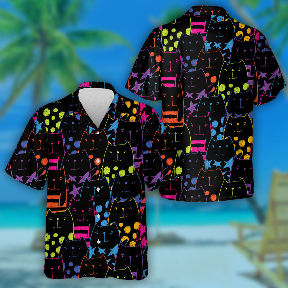 Cats With Lines Stars And Dots Cartoon Style Hawaiian Shirt, Hawaiian Shirt Gift, Christmas Gift
