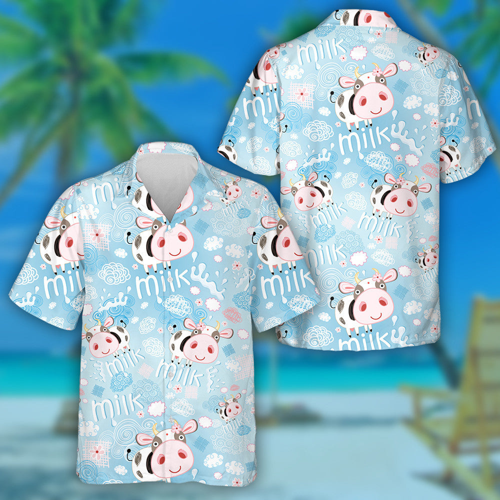 Bright Cheerful Cows And Milk On Blue Background Hawaiian Shirt, Hawaiian Shirt Gift, Christmas Gift