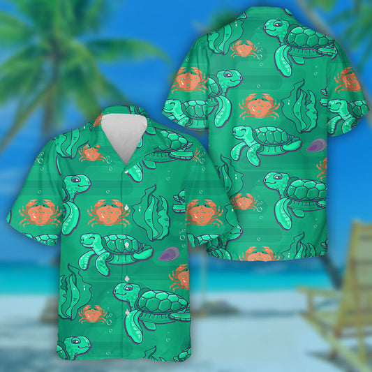 Cartoon Green Turtles In The Underwater Hawaiian Shirt, Hawaiian For Gift
