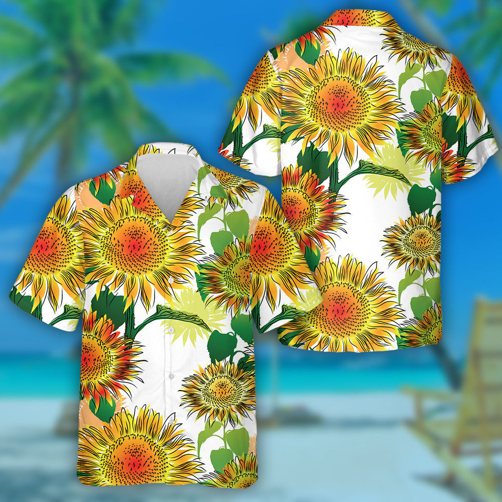 Burnt Yellow And Orange Sunflower And Leaves Drawing Pattern Hawaiian Shirt, Hawaiian Shirt Gift, Christmas Gift