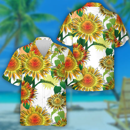 Burnt Yellow And Orange Sunflower And Leaves Drawing Pattern Hawaiian Shirt, Hawaiian Shirt Gift, Christmas Gift