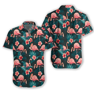 Flamingo On The Dark Pattern Hawaiian Shirt,Hawaiian Shirt Gift, Christmas Gift