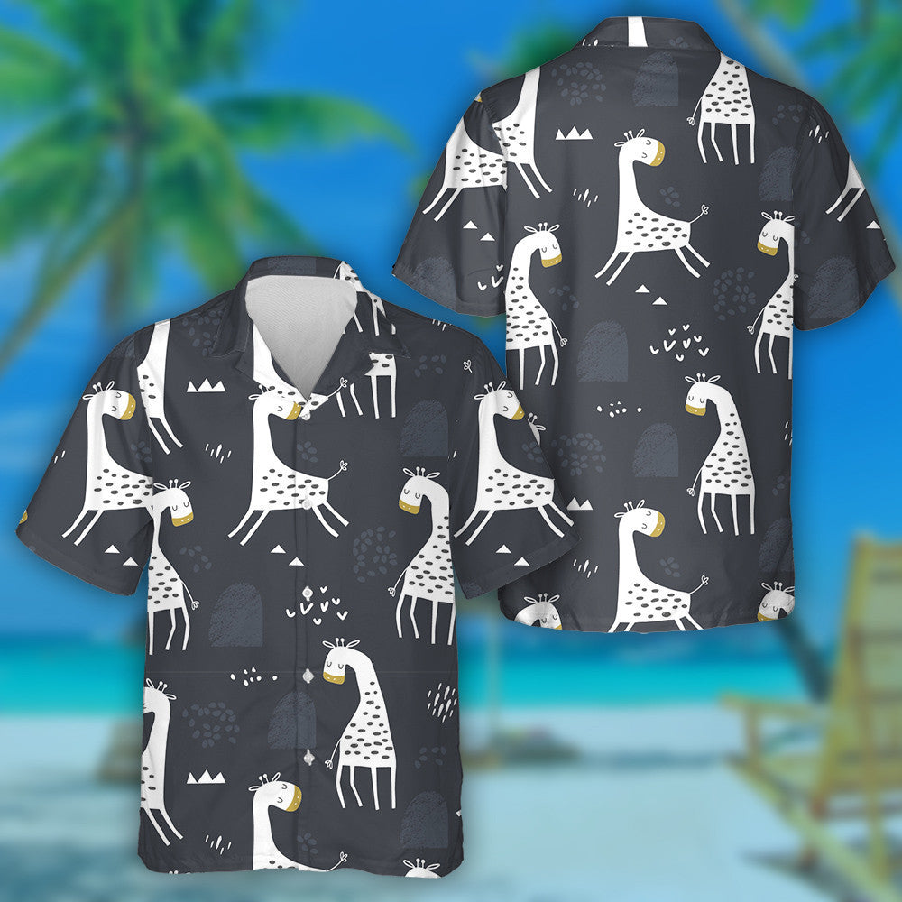 Lovely White Giraffe Illustration Dark Background Pattern Hawaiian Shirt, Hawaiian Shirt Gift, Christmas Gift