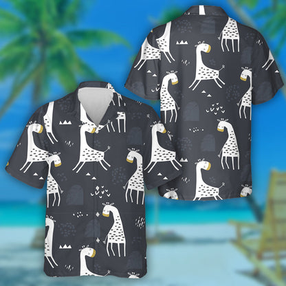 Lovely White Giraffe Illustration Dark Background Pattern Hawaiian Shirt, Hawaiian Shirt Gift, Christmas Gift