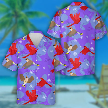 Little Funny Red Cardinal Bird And Falling Snowflakes Hawaiian Shirt, Hawaiian Shirt Gift, Christmas Gift