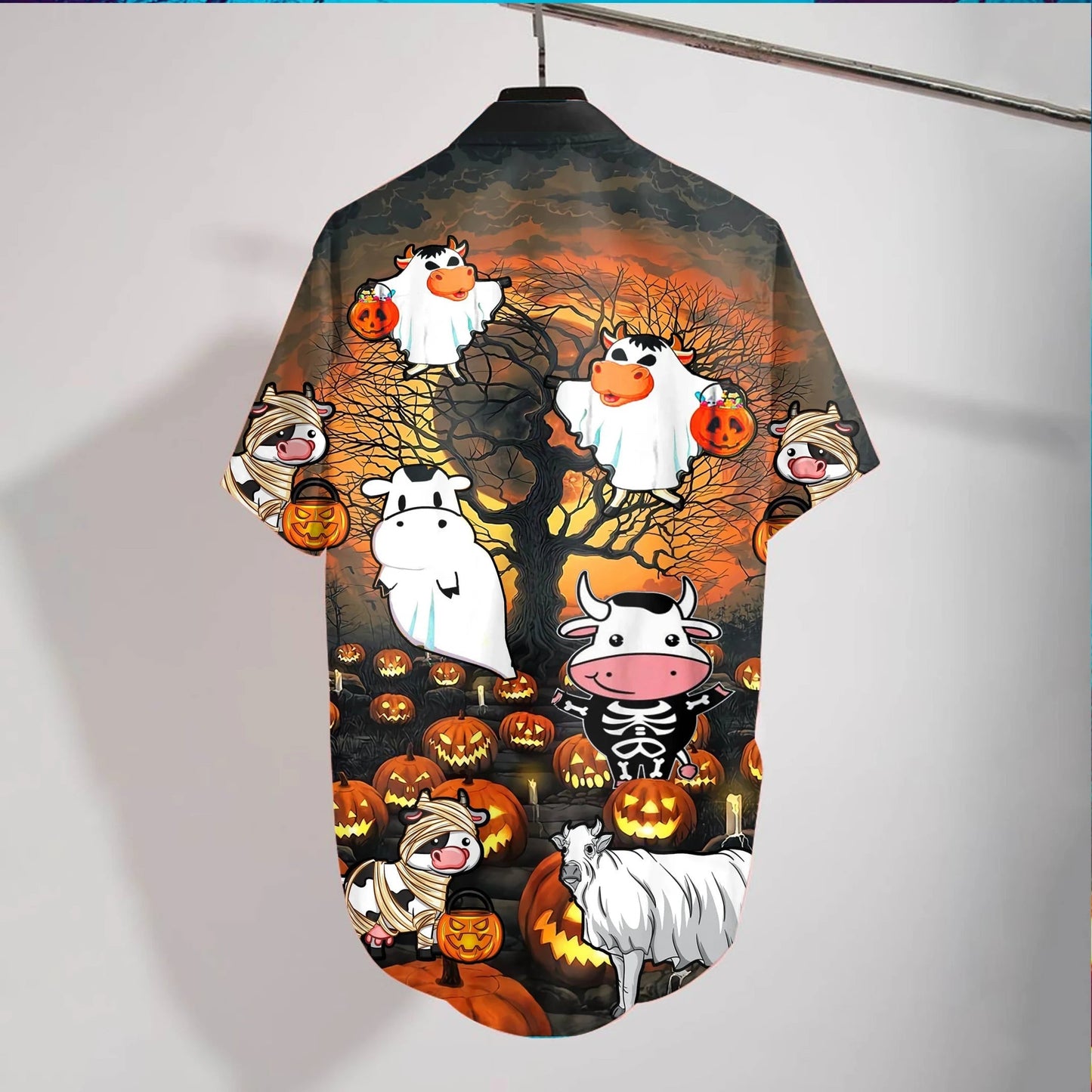 Scary Night Cow Halloween Design Hawaiian Shirt,Hawaiian Shirt Gift, Christmas Gift