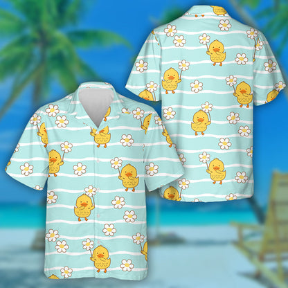 Little Ducks And Daisy Flower On Green Wave Hawaiian Shirt, Hawaiian Shirt Gift, Christmas Gift
