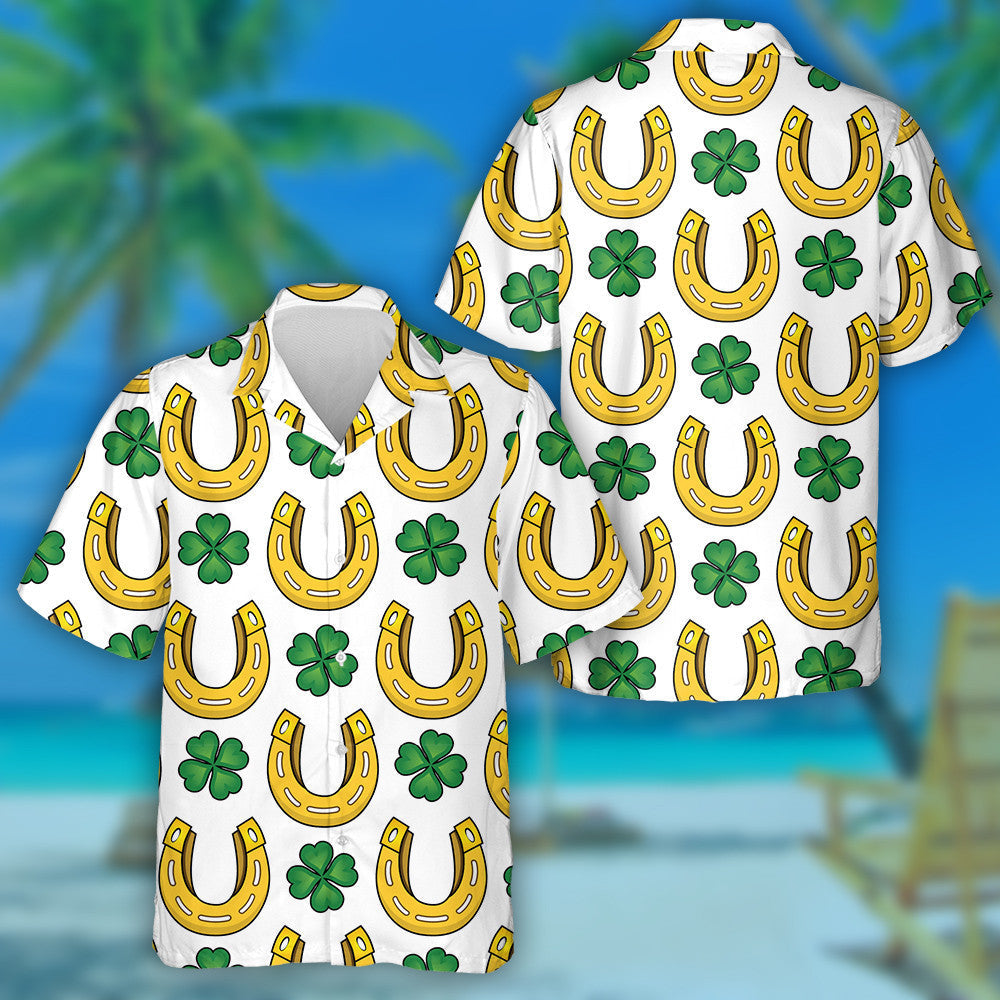Abstract Golden Horseshoe And Clover Leaf Hawaiian Shirt, Hawaiian Shirt Gift, Christmas Gift