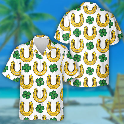 Abstract Golden Horseshoe And Clover Leaf Hawaiian Shirt, Hawaiian Shirt Gift, Christmas Gift