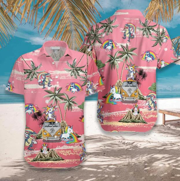 Baby Unicorn Summer Time Pink Background Design Hawaiian Shirt, Hawaiian Shirt Gift, Christmas Gift