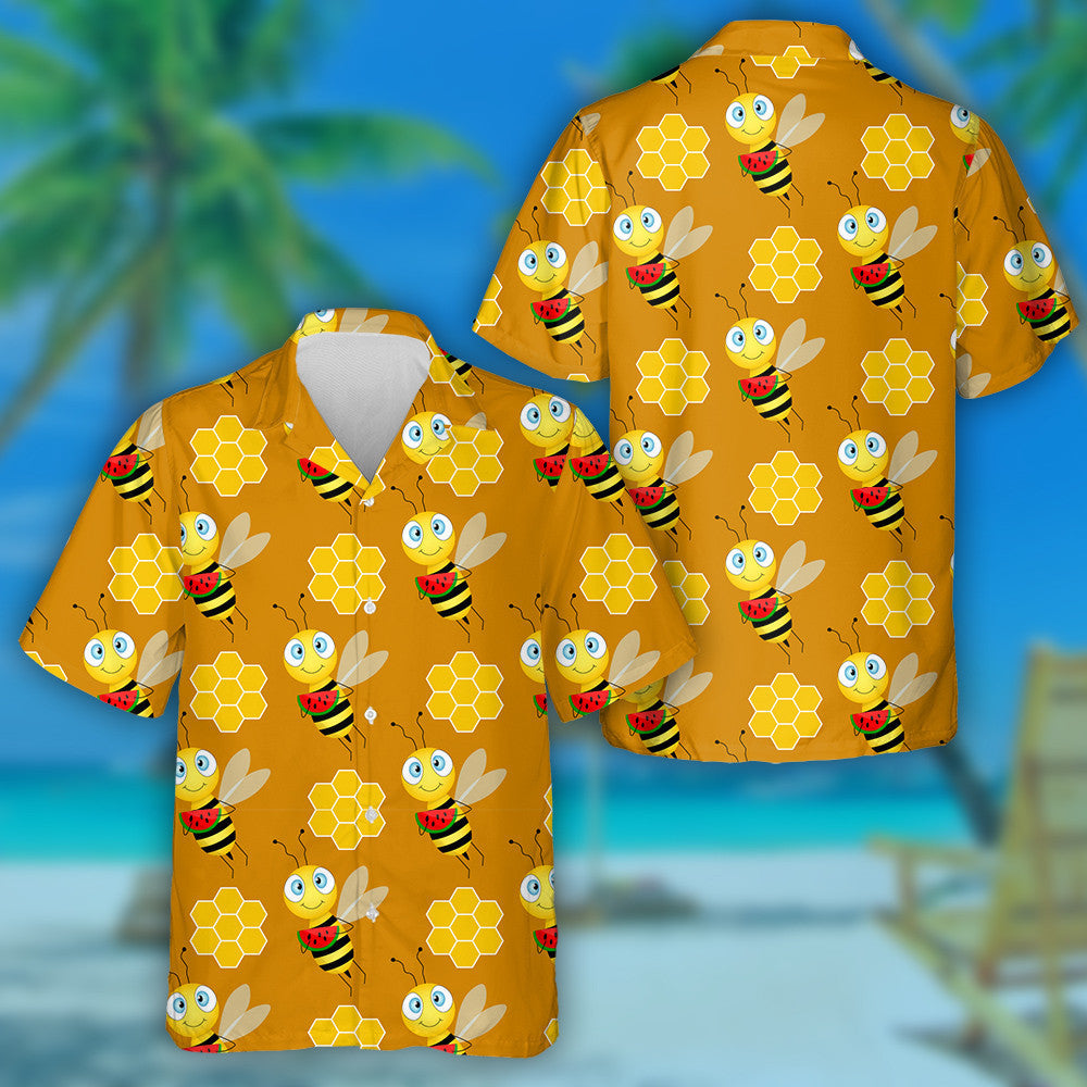 Natural Summer Bee With Watermelon On Brown Hawaiian Shirt, Hawaiian Shirt Gift, Christmas Gift