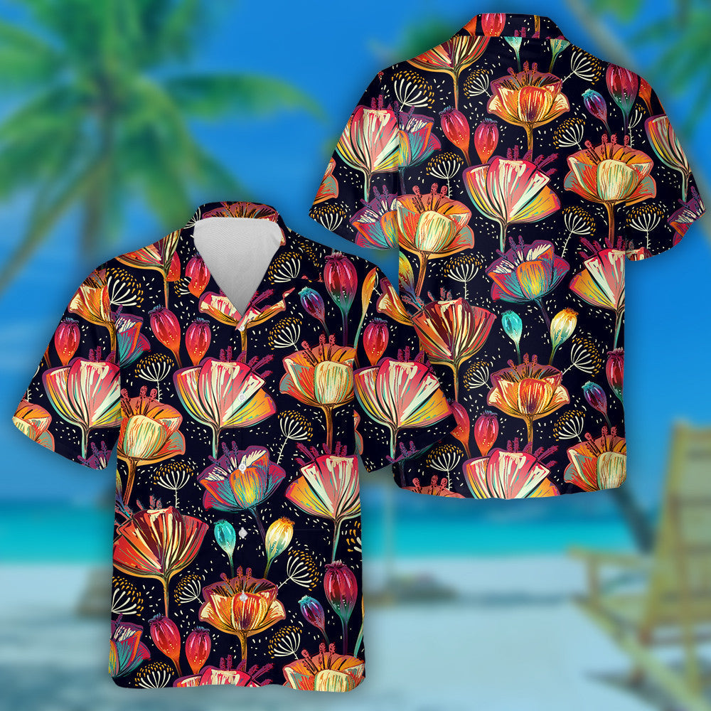 Colorful Pattern Of Impressive Flowers Buds Hand Drawn Hawaiian Shirt, Hawaiian Shirt Gift, Christmas Gift