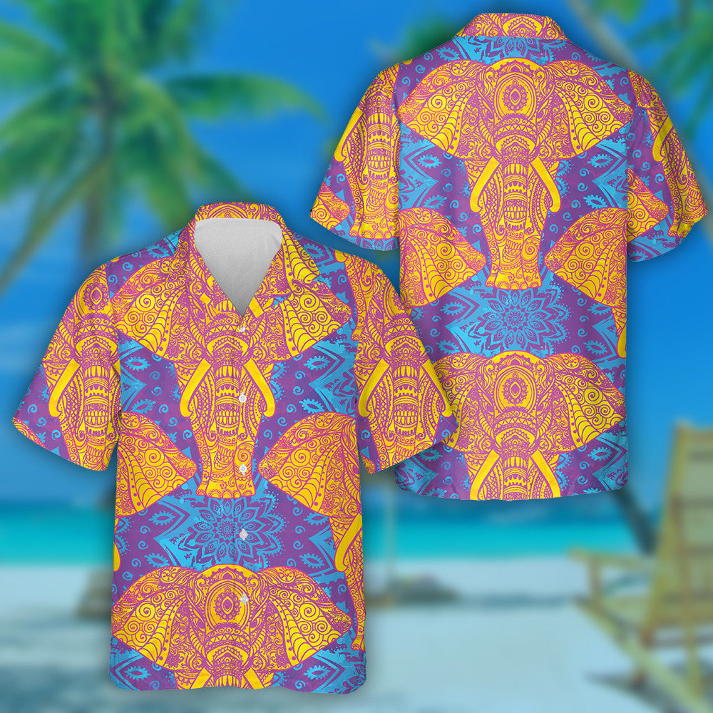 Rosa und gelbes Elefanten-Mandala auf lila Hintergrund Hawaiihemd, Hawaiihemd Geschenk, Weihnachtsgeschenk