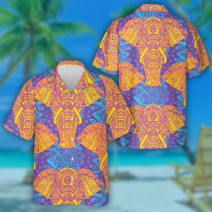 Rosa und gelbes Elefanten-Mandala auf lila Hintergrund Hawaiihemd, Hawaiihemd Geschenk, Weihnachtsgeschenk