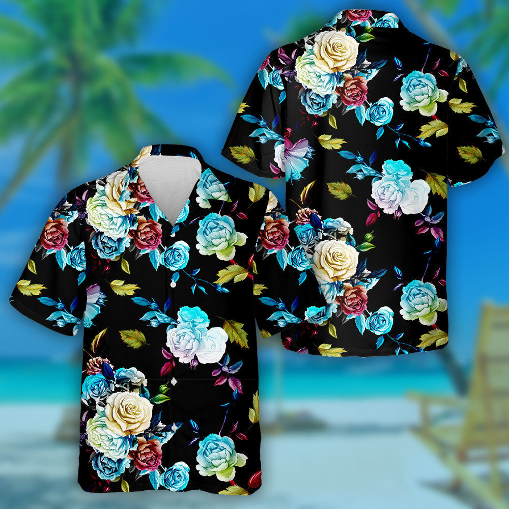 Multicolor Roses And Leaves On Black Background Design Hawaiian Shirt, Hawaiian Shirt Gift, Christmas Gift
