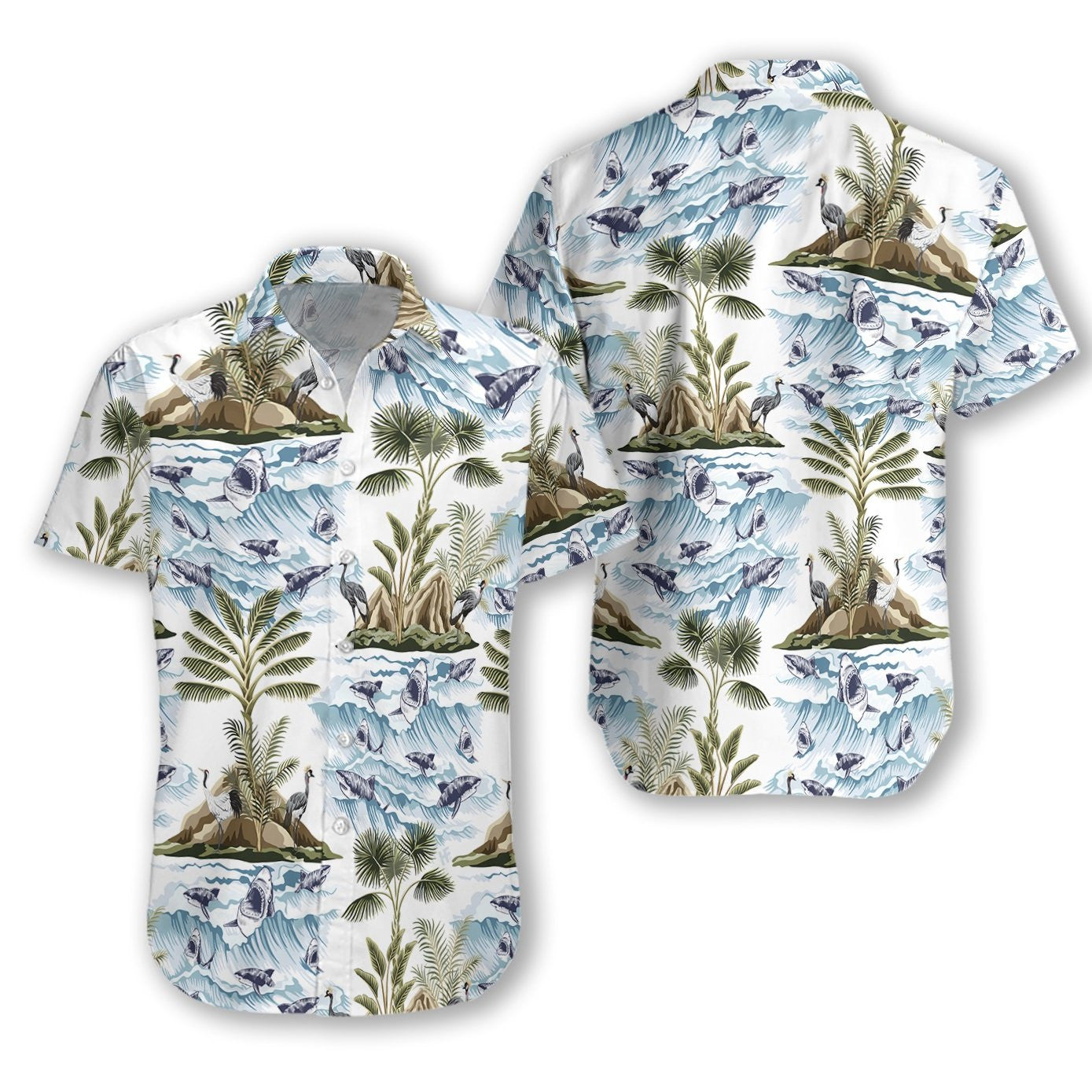 Shark With Lovely Island Pattern Hawaiian Shirt, Hawaiian Shirt Gift, Christmas Gift