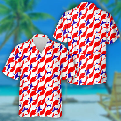 Illusion Pattern Of Red Wavy Stripes With Blue Stars Hawaiian Shirt, Hawaiian Shirt Gift, Christmas Gift