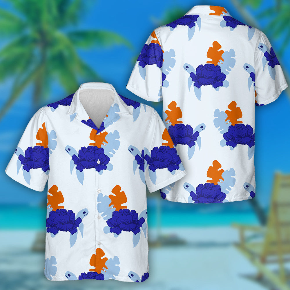 Blue Turtle And Orange And Light Blue Leaves Hawaiian Shirt, Hawaiian Shirt Gift, Christmas Gift