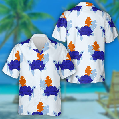 Blue Turtle And Orange And Light Blue Leaves Hawaiian Shirt, Hawaiian Shirt Gift, Christmas Gift