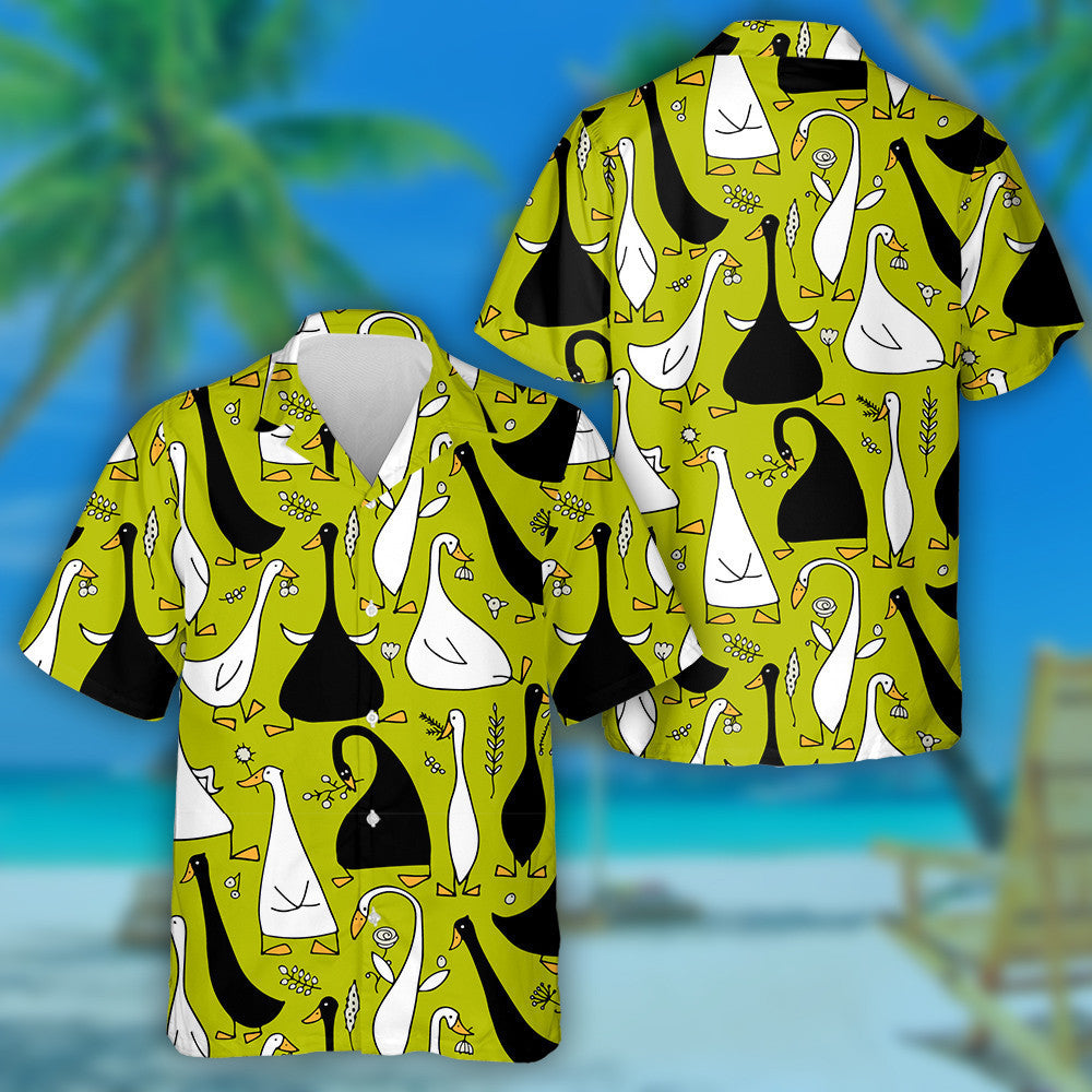 Hand Drawn Funny Duck Family On Green Hawaiian Shirt, Hawaiian Shirt Gift, Christmas Gift
