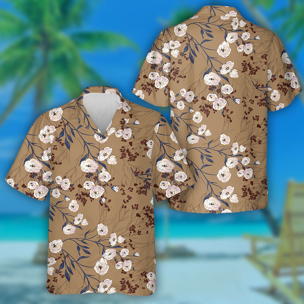 Elegant Pattern With Rose Branches On Light Brown Design Hawaiian Shirt, Hawaiian Shirt Gift, Christmas Gift