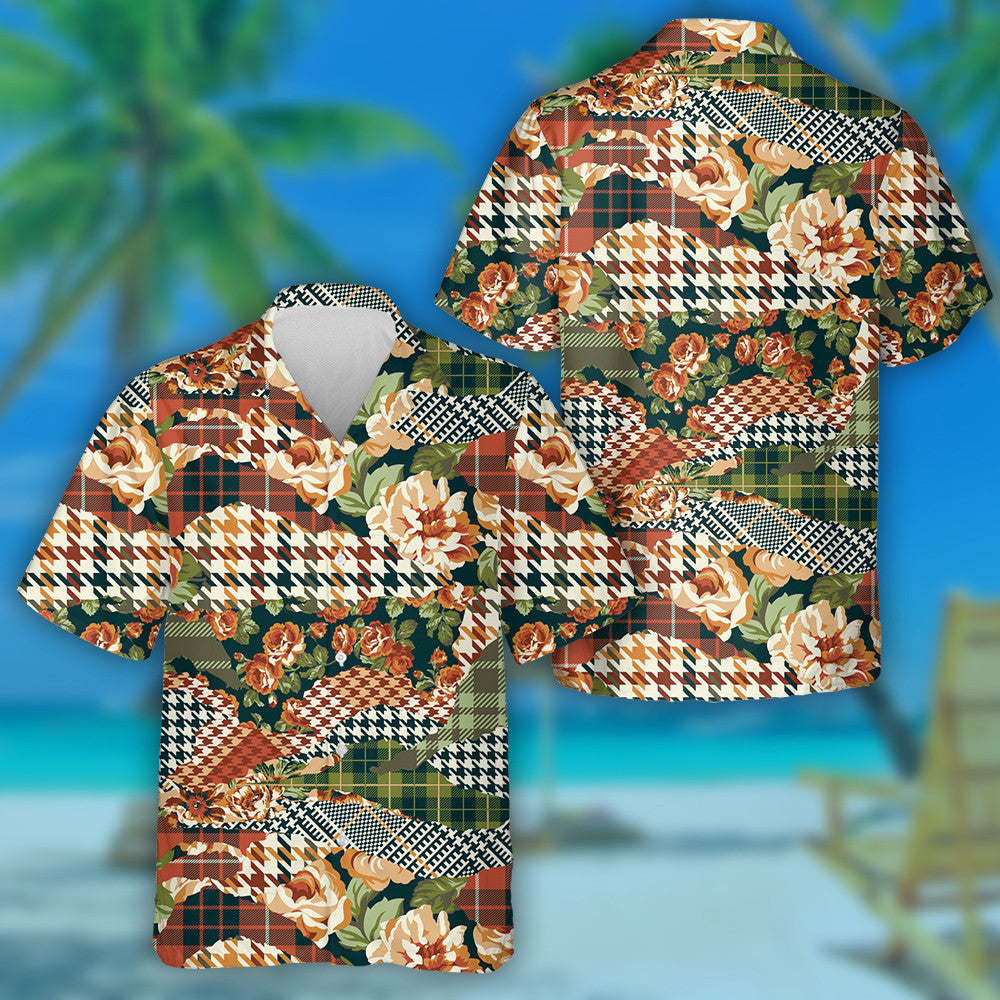 Houndstooth Green Tartan With Roses Fabric Patchwork Design Hawaiian Shirt, Hawaiian Shirt Gift, Christmas Gift
