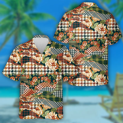 Houndstooth Green Tartan With Roses Fabric Patchwork Design Hawaiian Shirt, Hawaiian Shirt Gift, Christmas Gift
