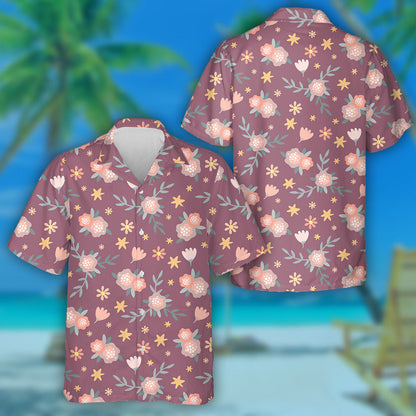Cute Cartoon Little Flowers And Leaves On Purple Design Hawaiian Shirt, Hawaiian Shirt Gift, Christmas Gift