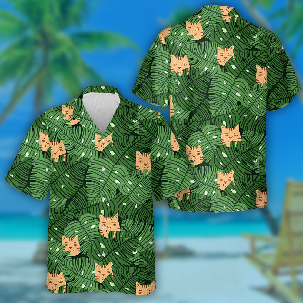 Monstera Leafs And Cats Faces In Green And Orange Hawaiian Shirt, Hawaiian Shirt Gift, Christmas Gift